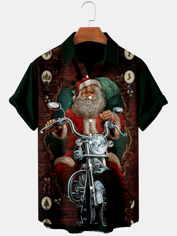 Christmas Graphic Santa Claus Men's Shirts Hawaiian Harajuku Tops Short Print Tee Lapel Fashion Holiday Oversized Clothes