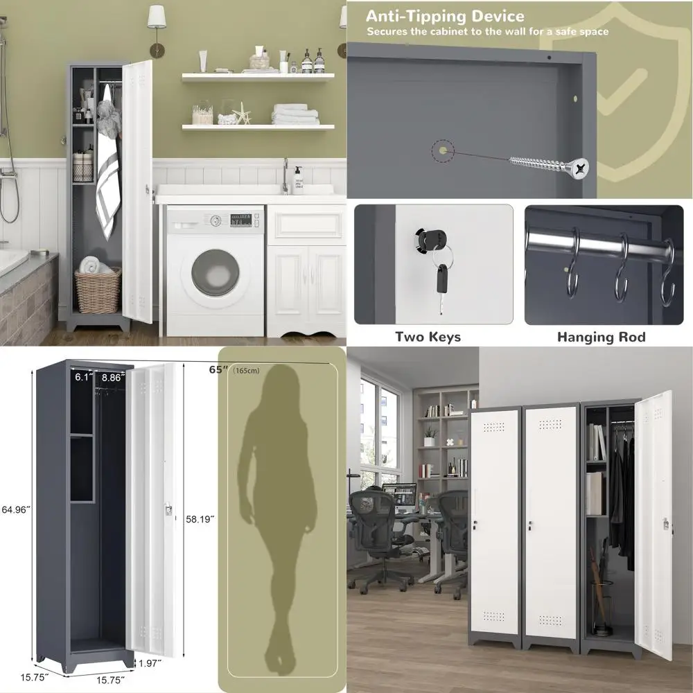 

Grey-White Garage Storage Cabinet with Broom Closet and Utility Organizer for Office and Gym Use