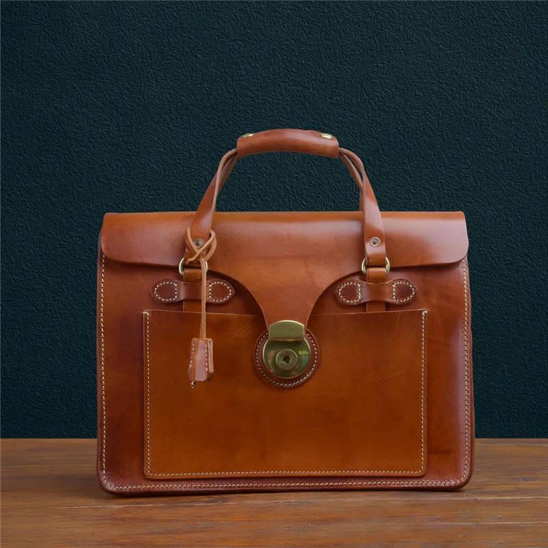 Maleta de couro genuíno para homens, vintage de alta qualidade, primeira camada de couro, artesanal, grande bolsa para laptop