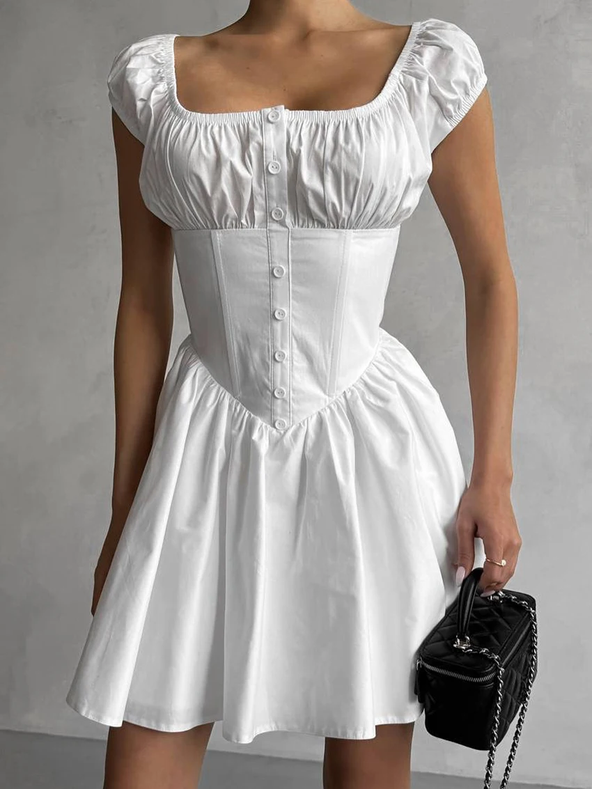 Marthaqiqi Cotton Ladies Nightgowns Short Sleeve Pajamas Sexy Square Collar Sleepwear Mini Dress Casual White Female Nightwear