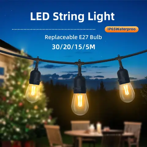 220V LED 스트링 전구 10M 15M 20M 30M 방수 페스툰 조명 E27 야외 스트링 라이트 크리스마스 정원 장식 요정 조명
