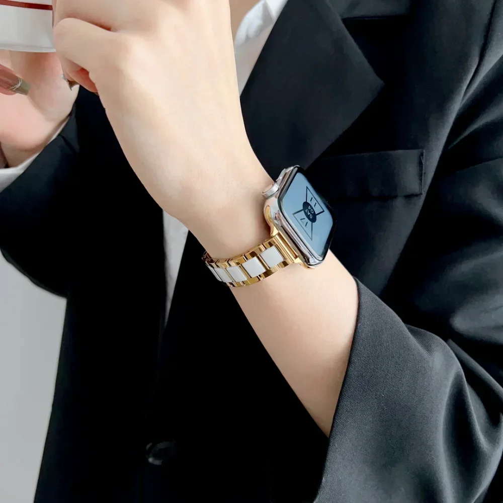 Metal+Ceramic Strap For Apple Watch Ultra SE 10 9 8 7 6 5 4 Stainless Steel Bracelet For iWatch 49mm 44mm 41mm 40mm 45mm 46/42mm