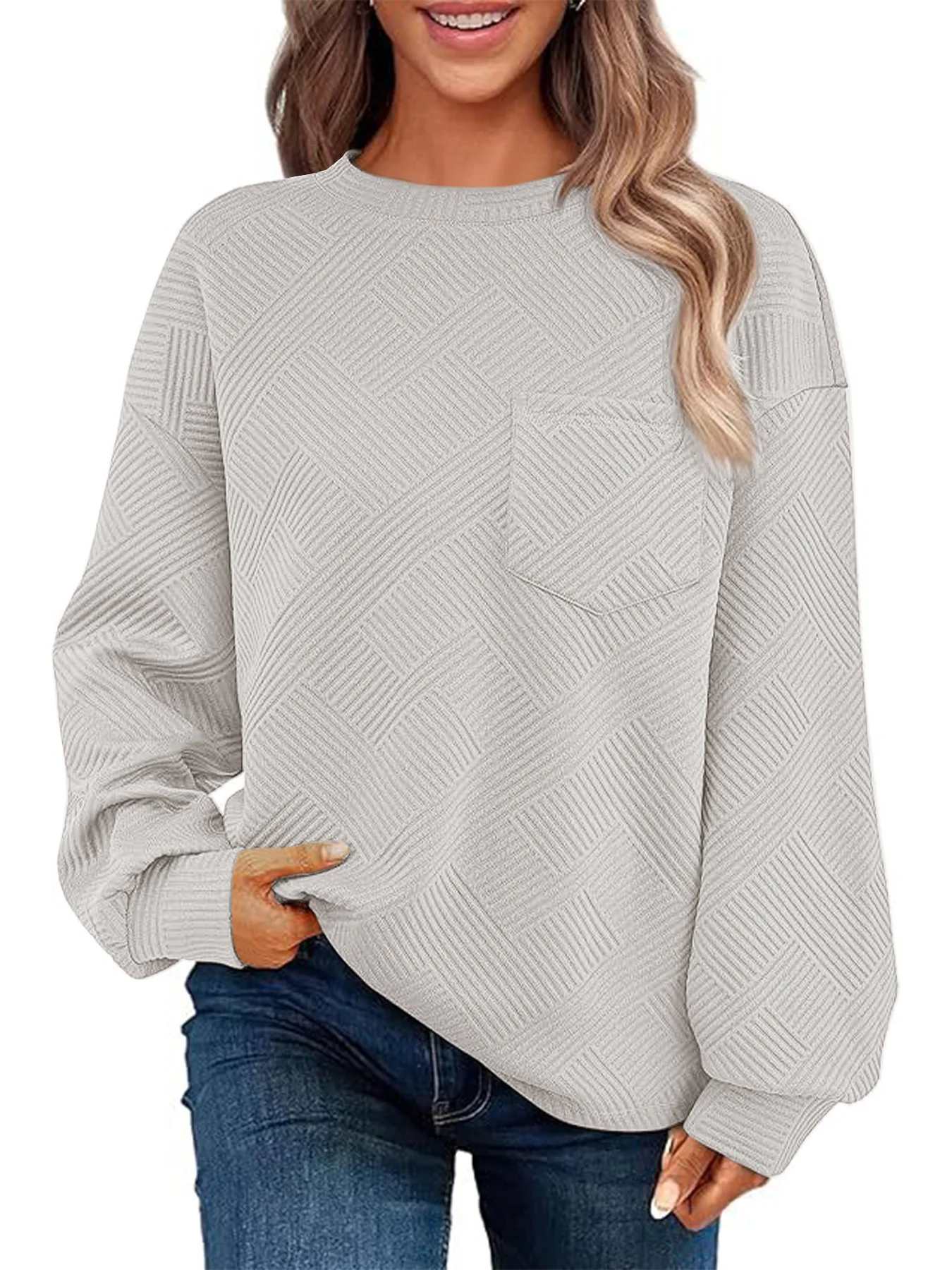 Sudadera con textura de punto para mujer, jersey de cuello redondo, prendas de vestir exteriores cálidas, transfronterizo de Amazon, Otoño e Invierno
