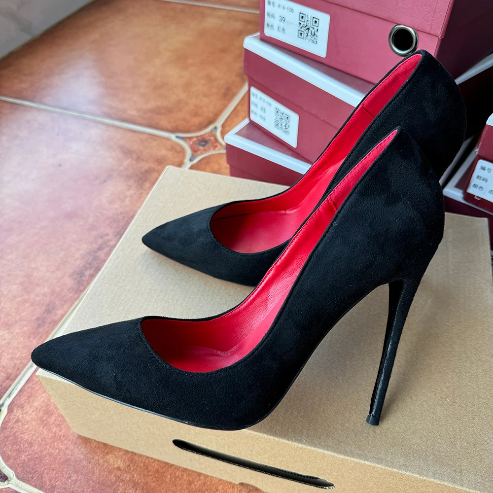 Veowalk Customize Black Flock Women Sexy Red Pointy Toe High Heel Shoes Elegant OL Lady Work Stiletto Party Pumps 8cm 10cm 12cm