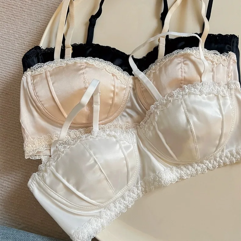 French Satin Seashell Cup Lace Rimmed Lingerie Women's Underwire Thin Half Cup Sexy Girl Bra