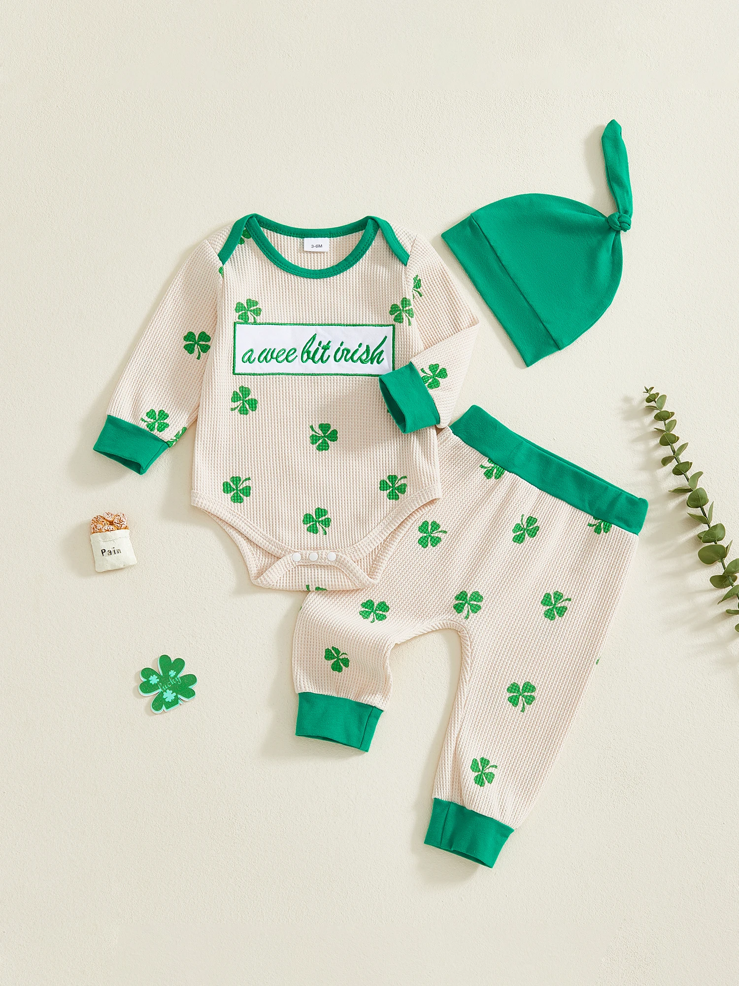

Infant Boys 3-Piece Spring Ensemble Featuring Long-Sleeve Shamrock Print Pants and Hat - Newborn Apparel Collection
