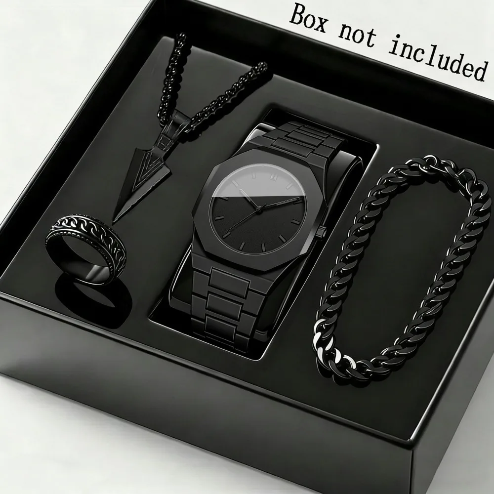 4pcs/set Men's Women's Watch & Jewelry Set | Men'S Necklaces Ring | Men'S Bracelets | - Minimalist Modern Black Quartz Watch