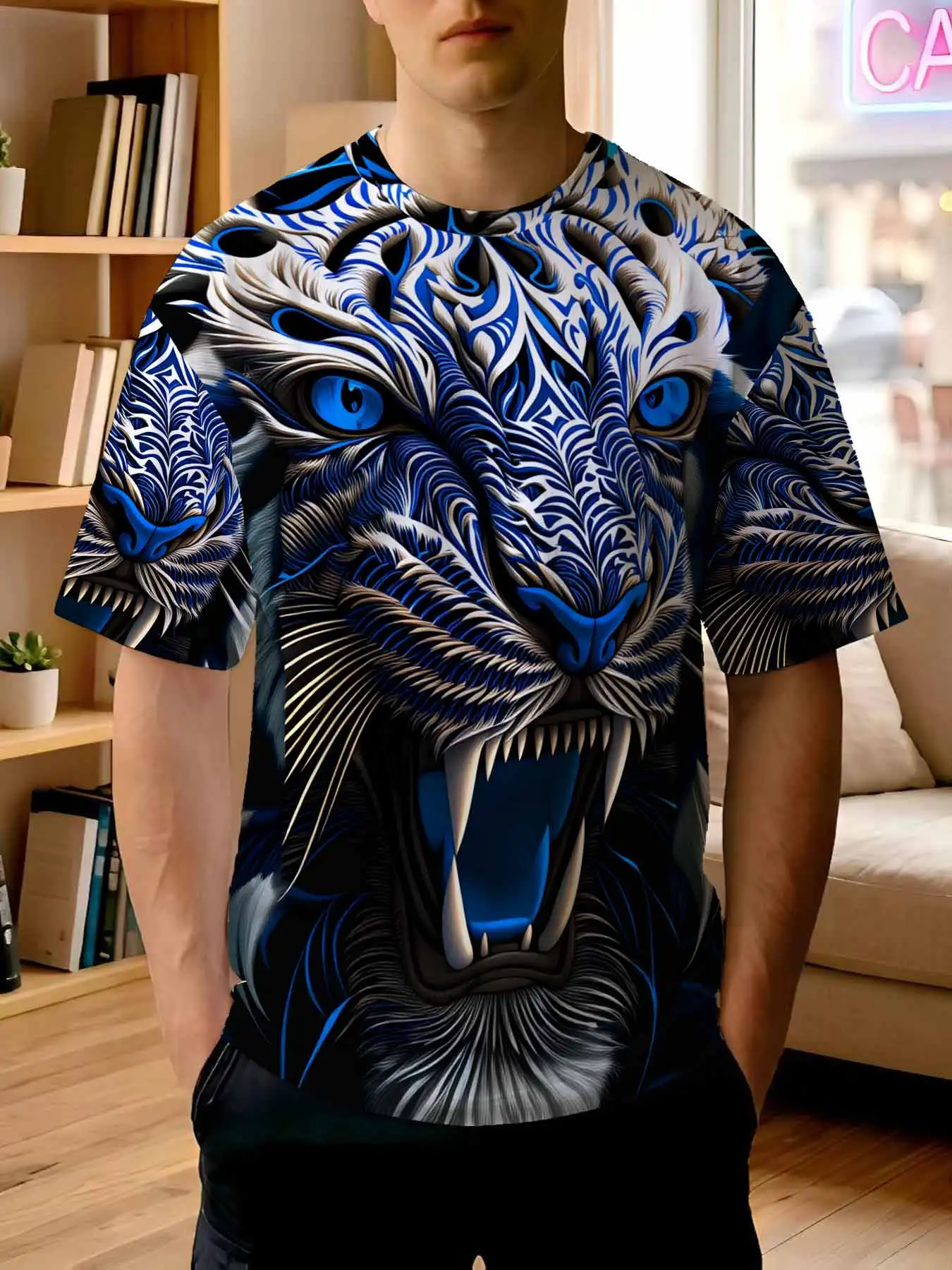 2026 new printed T-shirt  Men's Trendy Blue White Totem Roaring Tiger Head Print T-shirt Heavy Street Style Casual Top