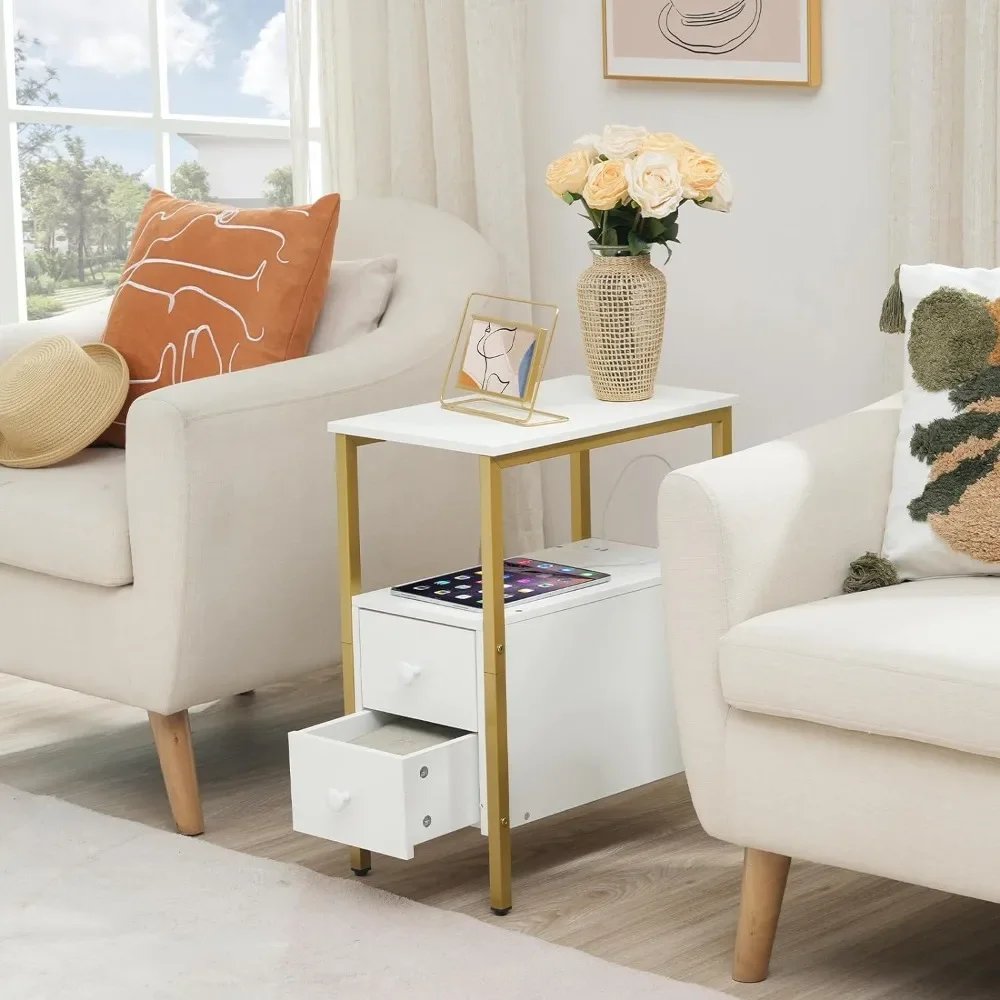 End Table with Charging Station, Narrow Side Table with 2 Drawer & USB Ports & Power Outlets, Nightstand for Small Spaces