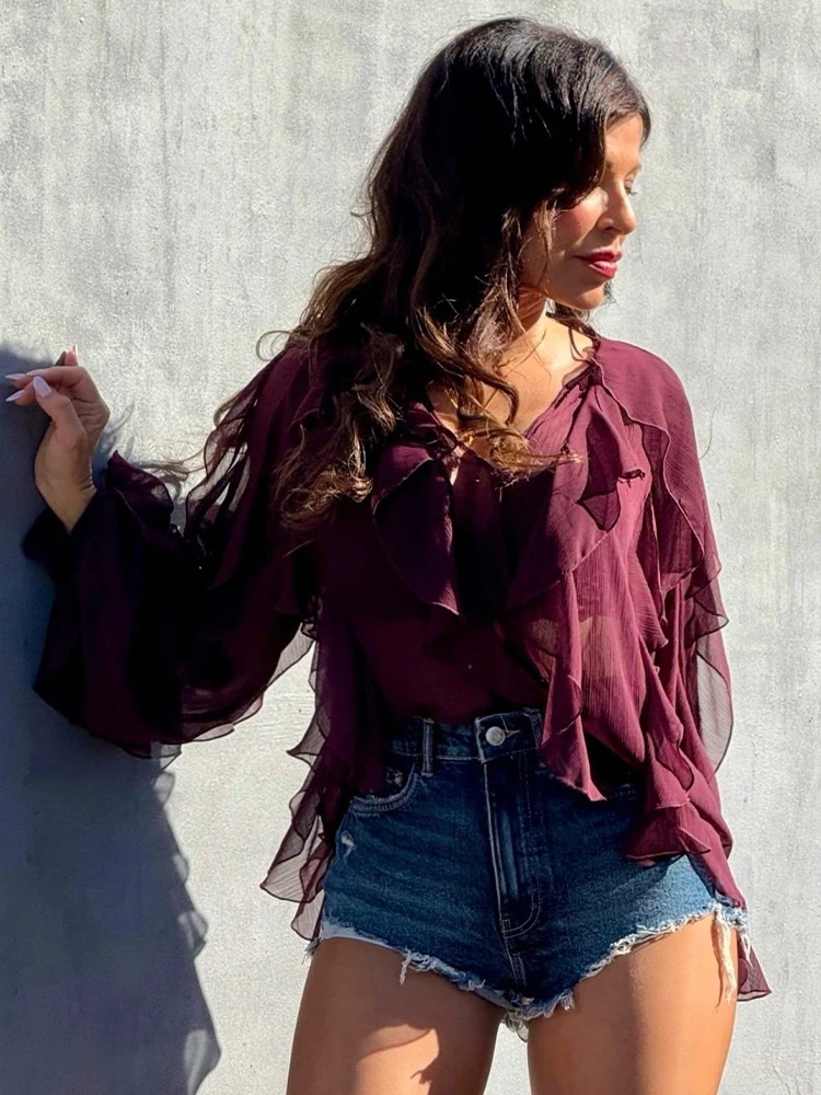 HH Women Spring Autumn Elegant V-Neck Temperament Blouse Female Loose Single-Breasted Long Sleeves Laminated Decorative Shirts