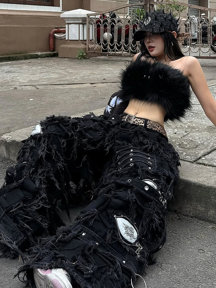 Dziwaczny Kot Dzika Piękność Futrzana Koszulka Bez Rękawów Damska Seksowna Z Frędzlami Bez Rękawów Coquette Impreza Uliczna Klubowa Styl Punk Krótki Top