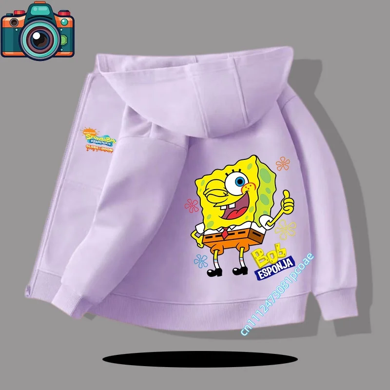 New SpongeBob SquarePants children's hooded sweatshirt for boys, girls' casual top with cartoon print and zipper closure coat