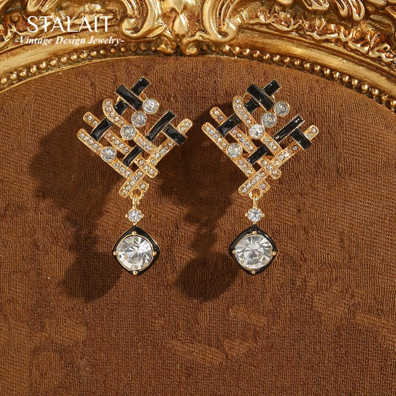 

Vintage Gold Color Drop Earrings High Quality Luxury Brand Cross Black Enamel Rhinestones Zircon Pendant Jewelry Valentine Day