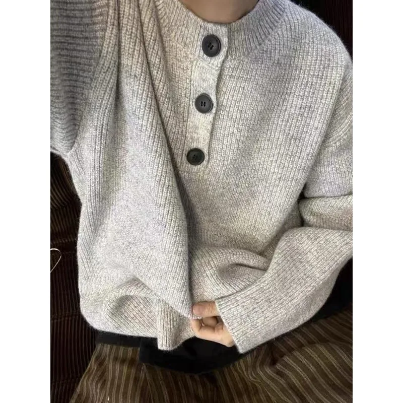 

Grey American retro Henry collar sweater men's winter lazy style high-end knitted sweater cleanfit jacket