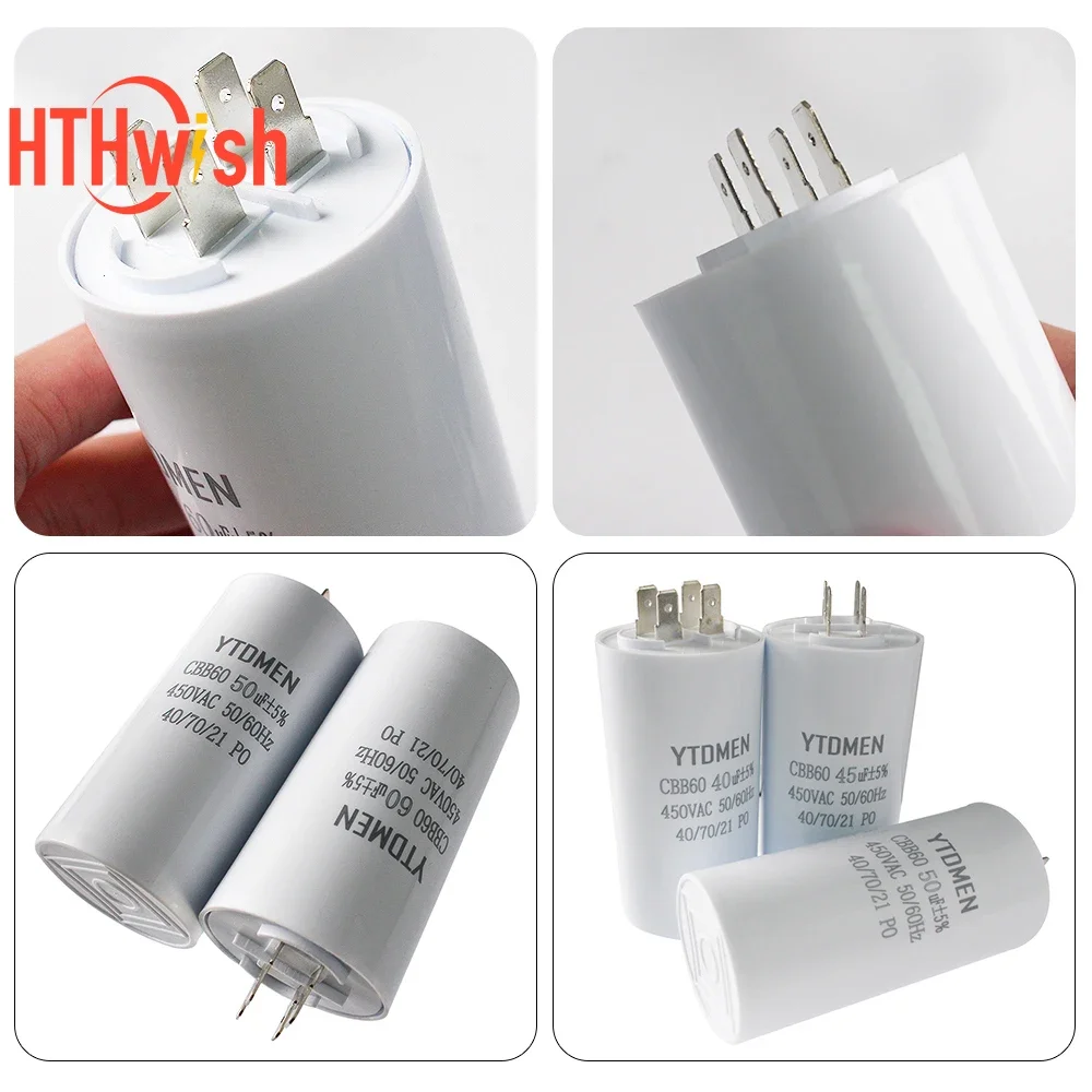 1/2 Stück CBB60 Anlaufkondensator 450 VAC 4-polige Motorlaufkondensatoren 5 % 450 V 4uf-60uf für Waschmaschine Luftkompressor Wasserpumpe