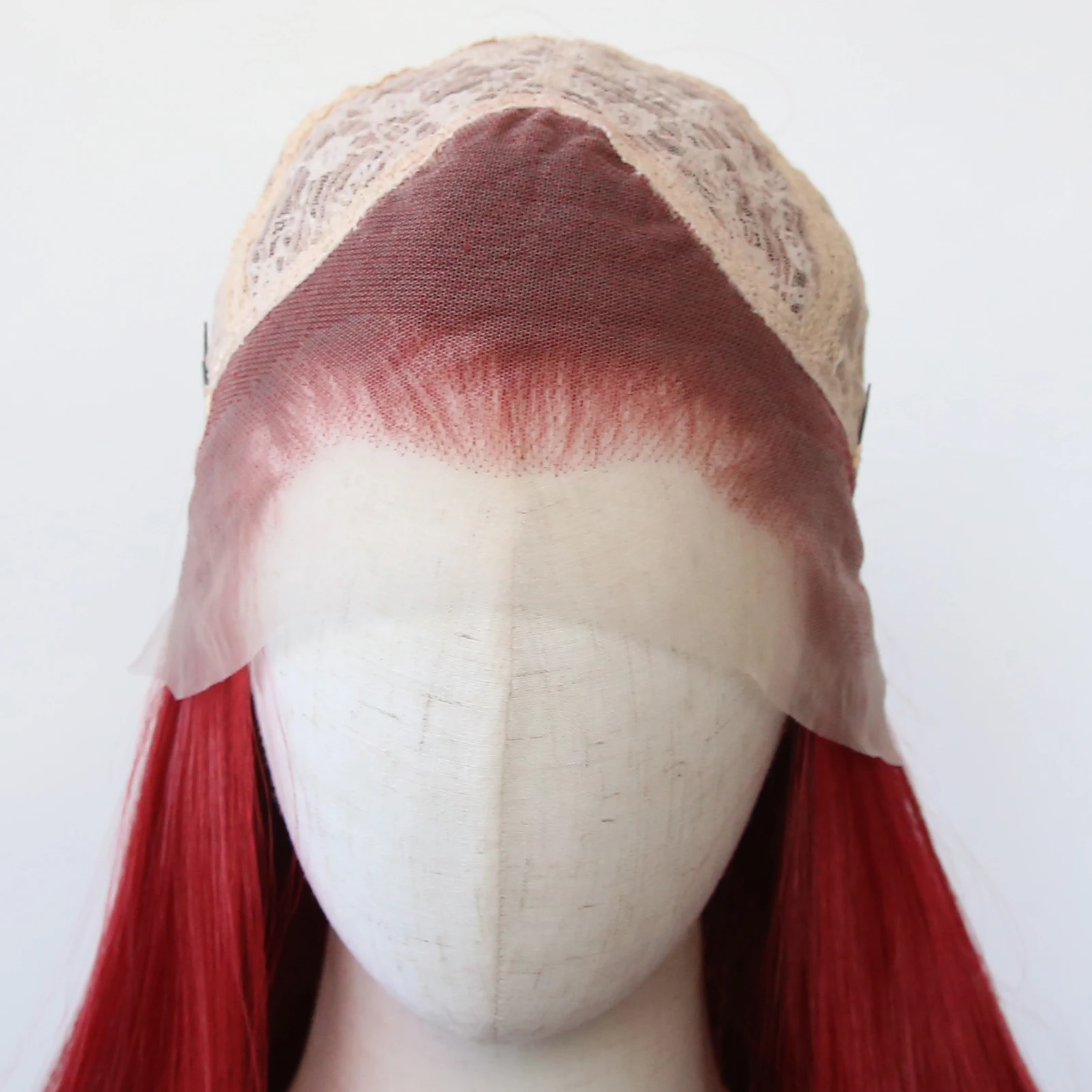 Wig merah 13x4 Wig sintetis renda depan Wig sintetis depan renda merah tua lurus panjang rambut serat tahan panas telah ditanami