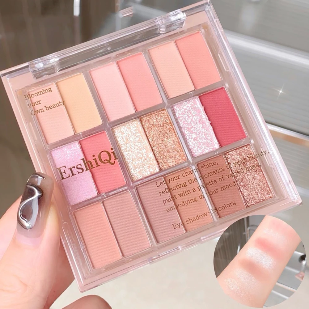 Paleta de sombras de ojos de 18 colores brillantes, brillo de larga duración, sombra de ojos nacarada, rosa, resistente al agua, aspecto coreano, maquillaje de ojos