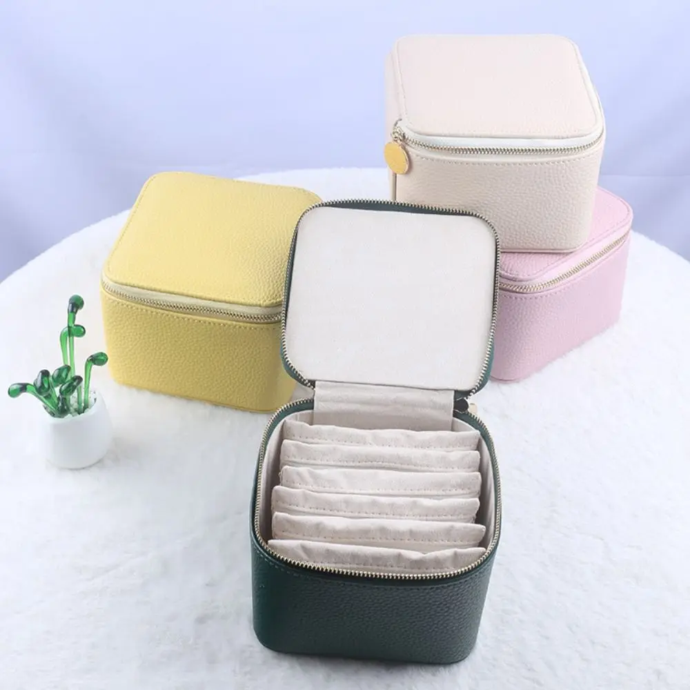 

Genuine Leather Jewelry Display Box Large Capacity Multi-function Earrings Storage Case Portable Zipper Jewelry Holder Handbag