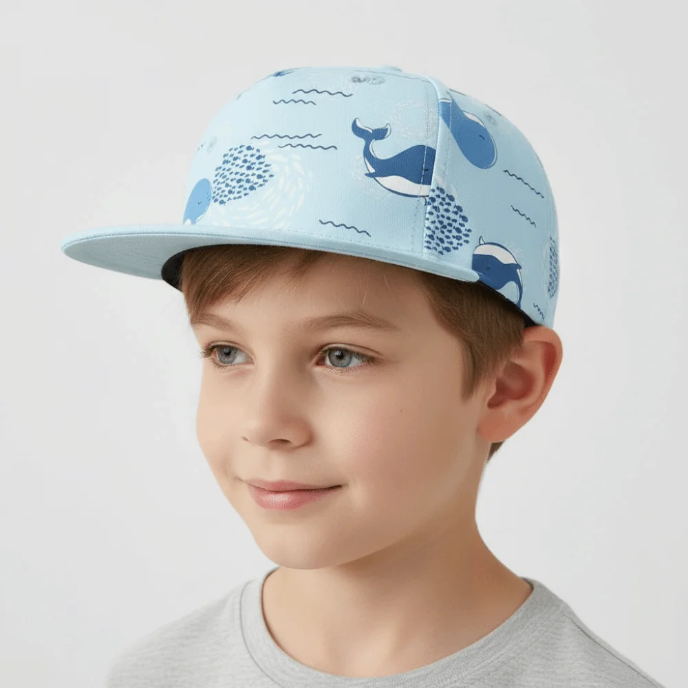 

Adjustable Closure Kids Snapback Hat Breathable Cotton Five-Panel Structure Toddler Flat Brim Cap Durable Stitching