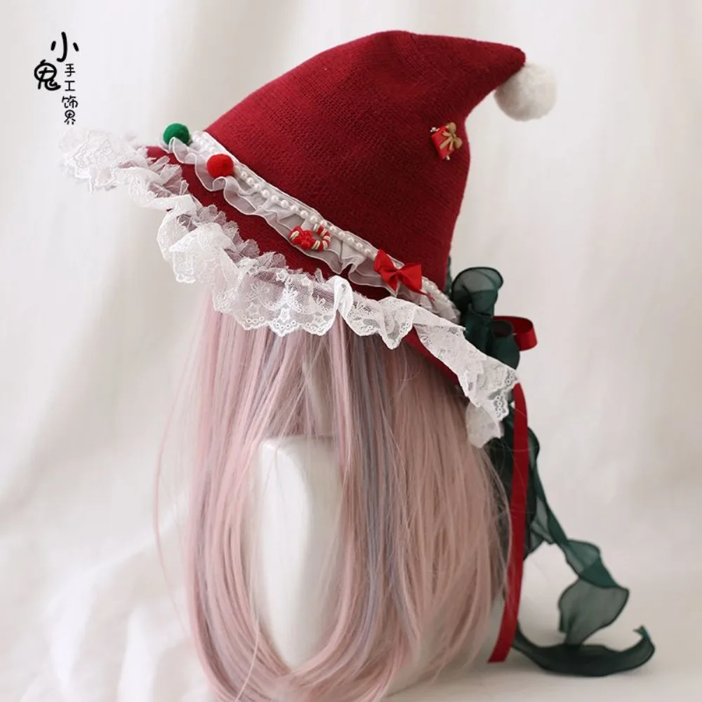 Original Lolita Christmas Witch Hat, Lace Bow Wizard Cap, Cute Festive Magical Headwear, Sweet Gothic Party Cosplay Accessories
