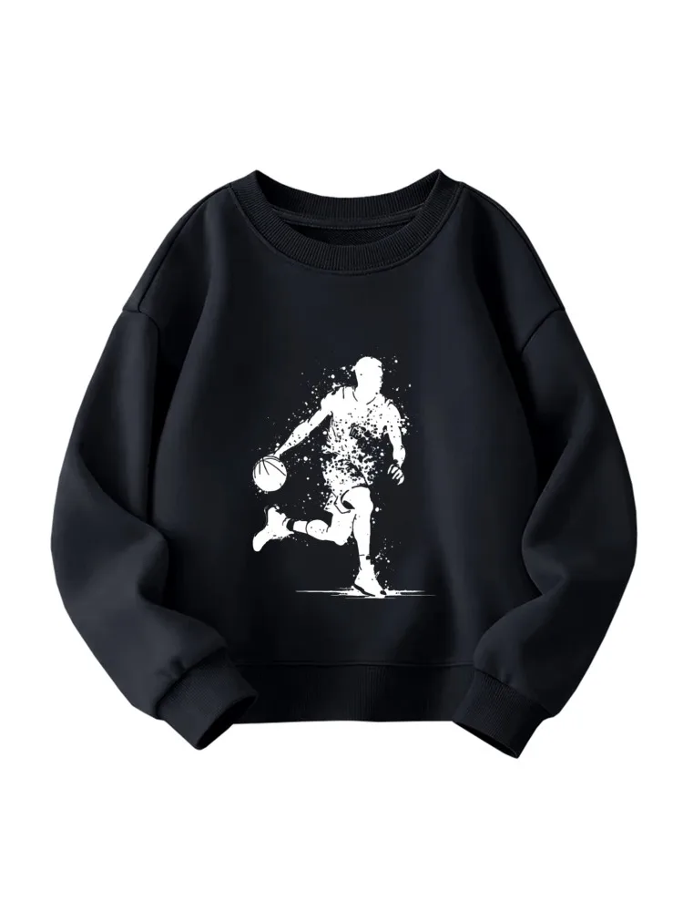 Felpa girocollo per bambini - Pullover bianco con grafica silhouette per giocatore di basket, top casual sportivo e fresco