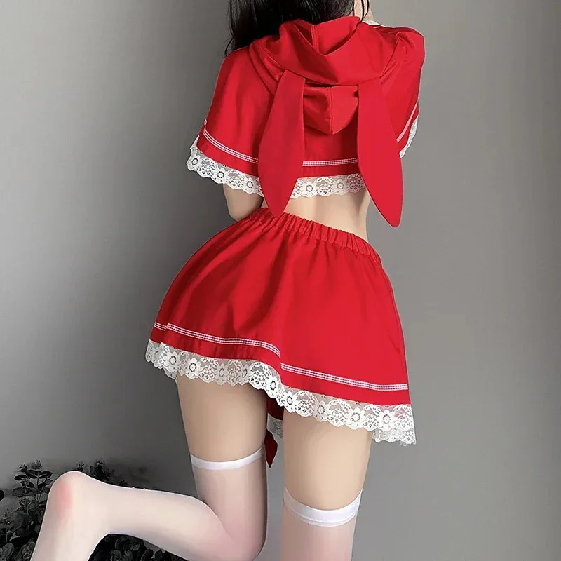 OJBK Costumi Cosplay di Natale Ragazze Lingerie a tre punti Vestito Rosso Cameriera di Babbo Natale Abiti Petto aperto con gonna di pizzo Uniforme 202b