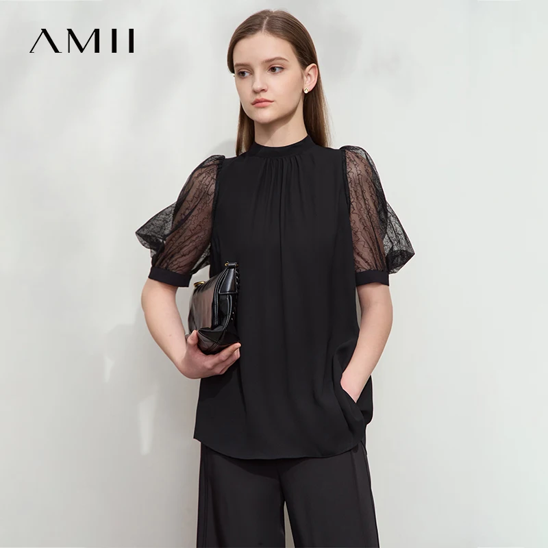 

Amii Minimalist Loose Premium Chiffon Shirt Women 2025 Summer New Tie V-neck Thin Bubble Sleeve Solid Color Blouse 12542134