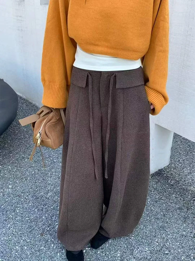 Deep ey Thiened Fce Pantalones casuales para mujer Dstring Pantalones de pierna recta de cintura alta Commute Sle Faion coreano