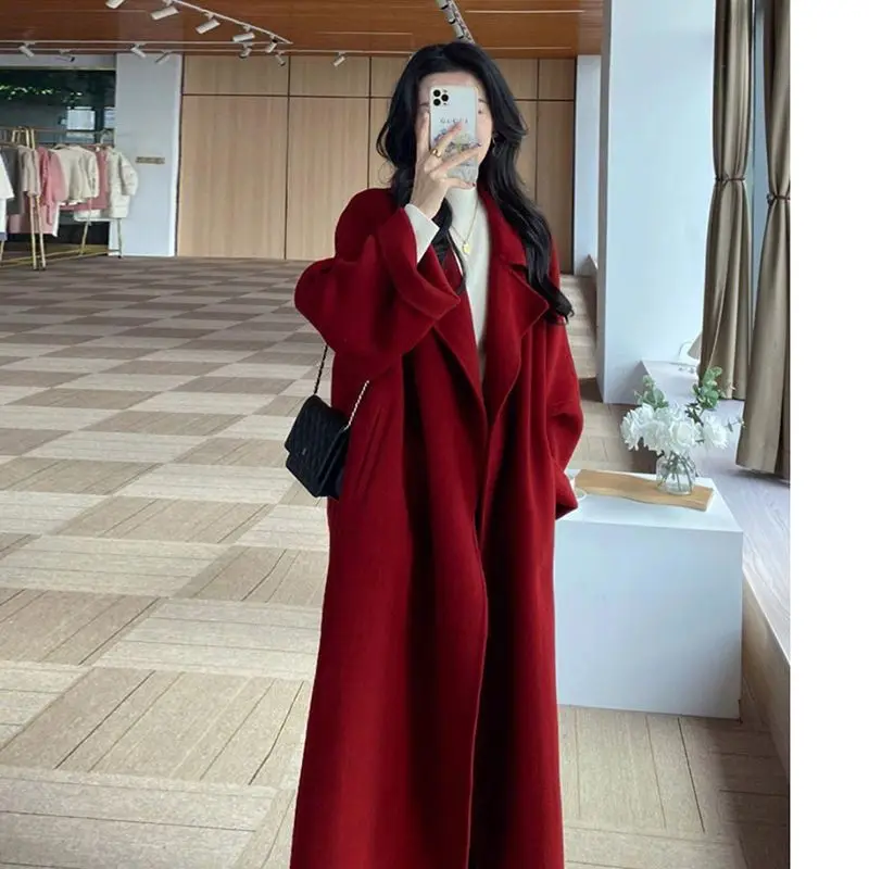 New Advanced Loose Woolen Coat Women's plus Size Autumn Winter Mid-Length Versatile Small Red Coat Casual Home Daily Wear