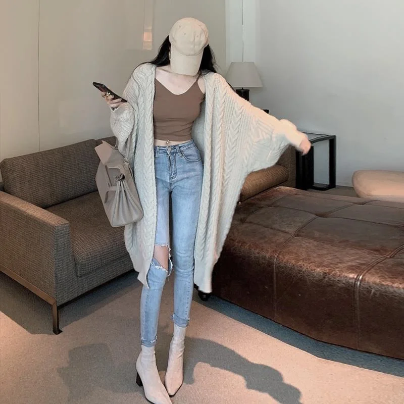 

Mid-Long Cardigans Office Womens Summer Placket Fashion Slim-Fit Thickened Loose-Fit Harajuku Cinch Cable Hollow-Out Rhinestones