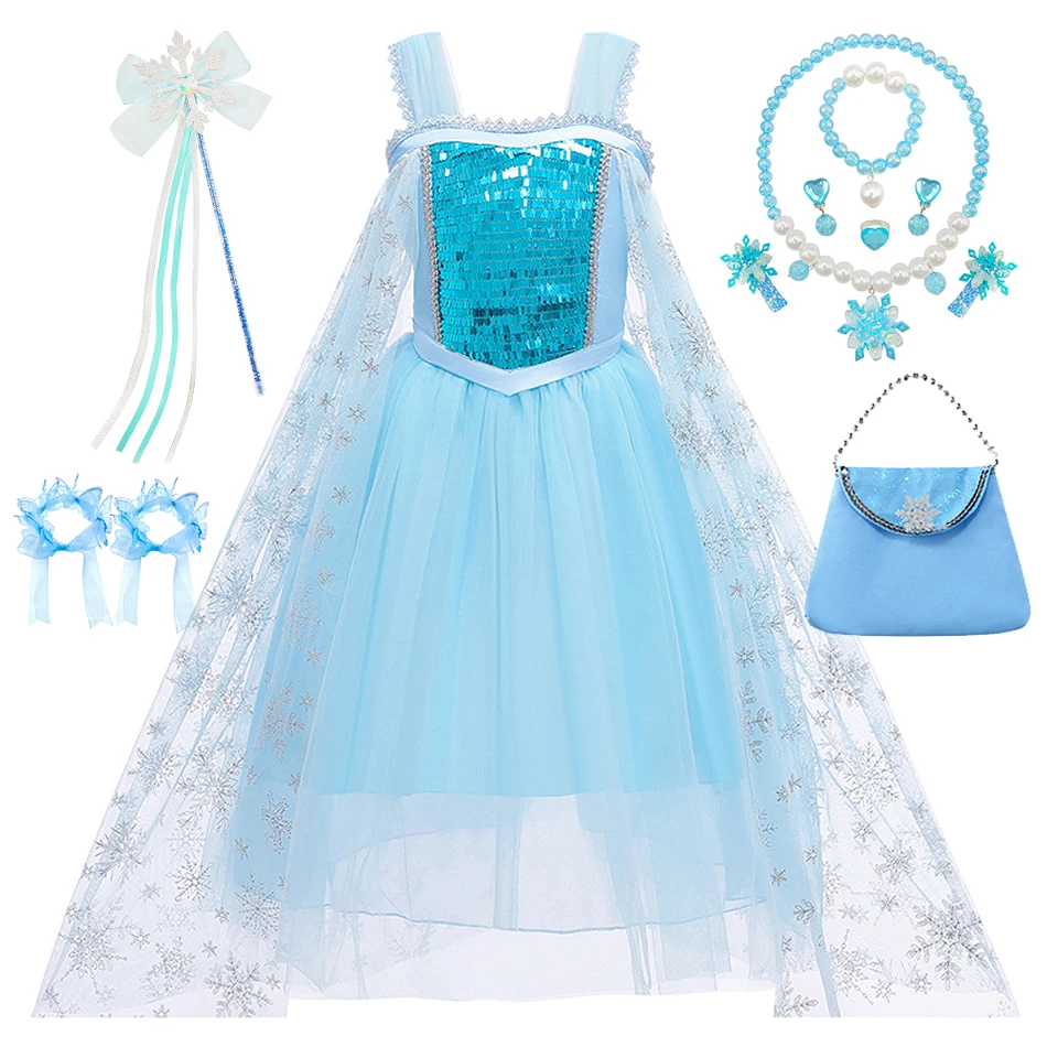 Elsa Sequin Mesh Princess Dress Kids Snow Queen Cosplay Elegant Gown Girls Snowflake Print Holiday Performance Birthday Costume