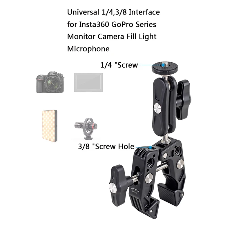 Super Camera Clamp Mount Double Socket Arm 1/4" Ball Head Adapter for GoPro 11 10 9 8 DJI Action Insta360 X3 DSLR Digital Camera