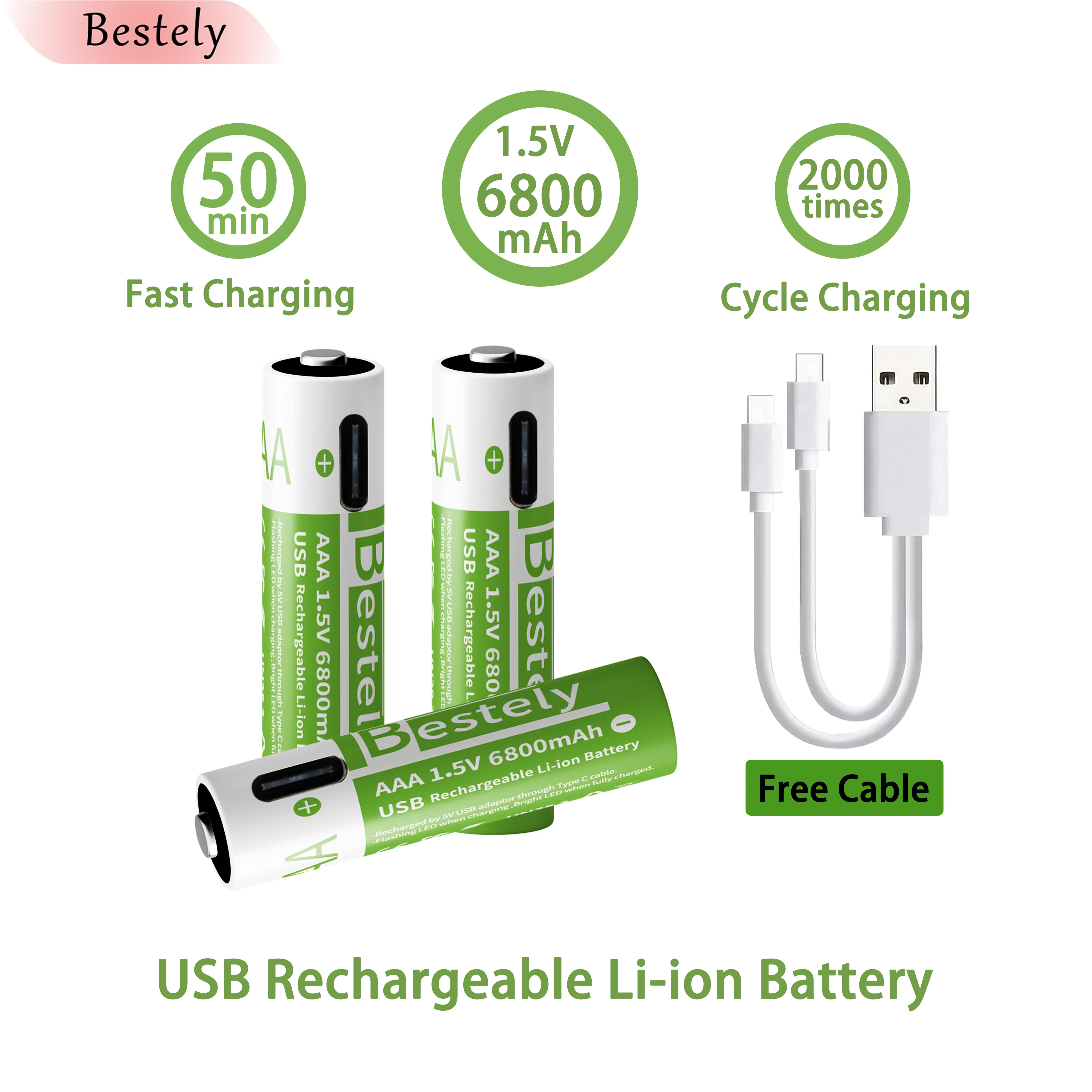 

New 1.5v AAA Rechargeable Lithium Batteries 6800mAh Capacity,Type-C USB AAA Li-ion Battery 2000 times cycle with cable for free