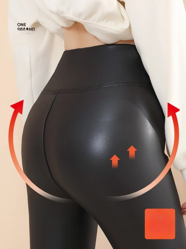 New Autumn Winter Women High Waist Thickened Fleece-lined Leggings Tights Stretch Soft Sexy Slim Pu Leather Chic Pencil Pants
