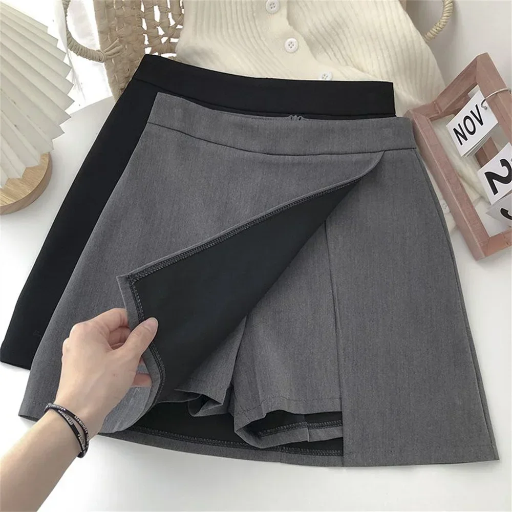 Korean Fashion Zipper All Matched Shorts Skirts vintage for women 2024 Black Grey Irregular Skirt A-line Women High Waist Skirt