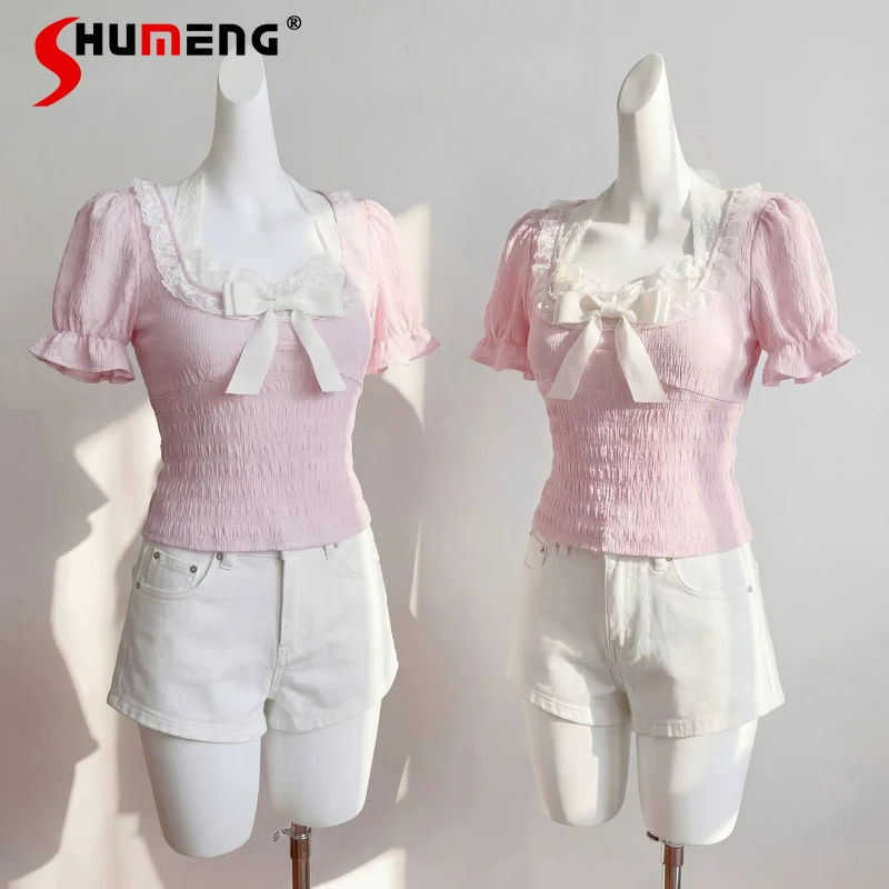 

Girls Pure Desire Knitted Top Halter Neck Fake Two Piece Design Short Sleeves White Skinny T-shirt Casual Summer Daily Outfit