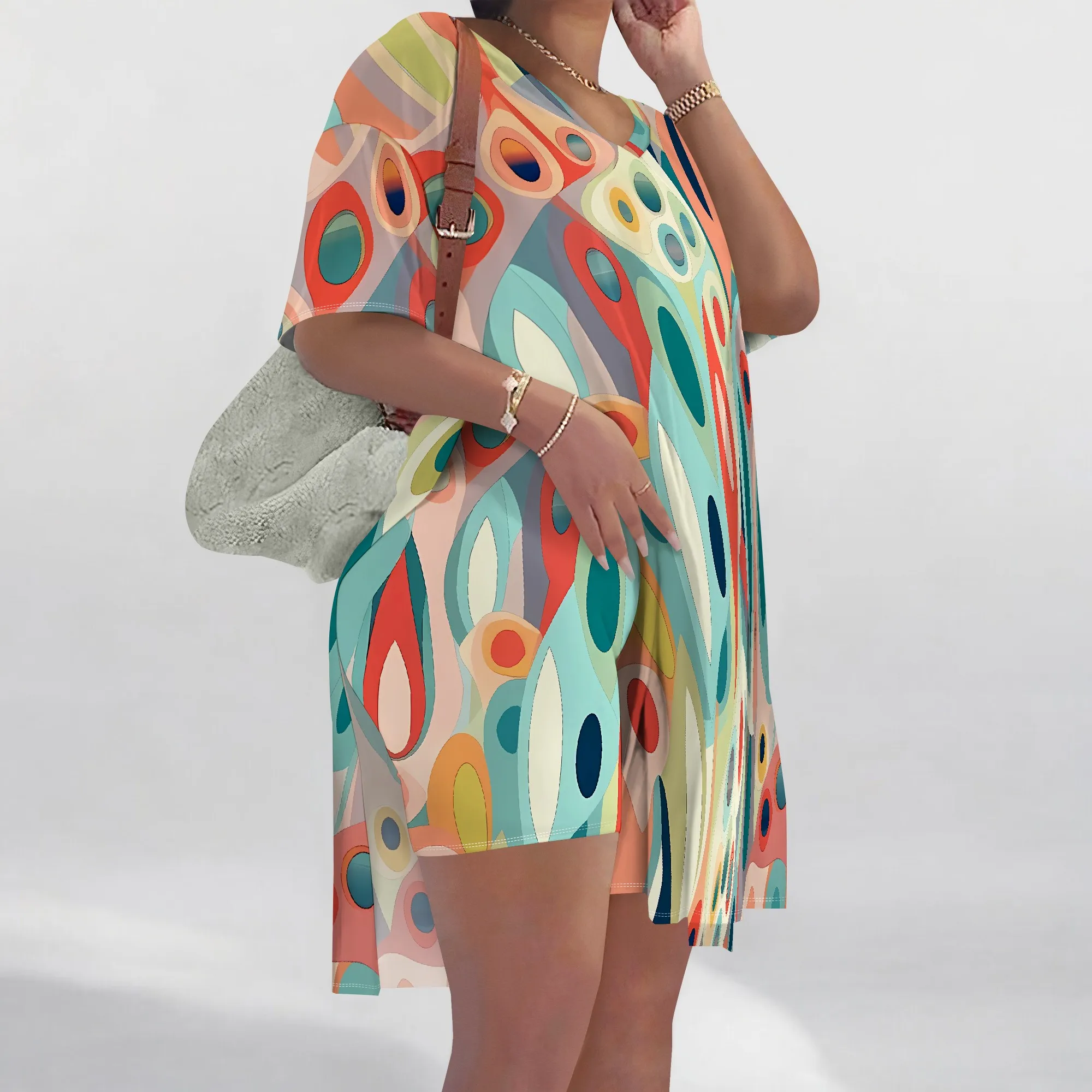 Nupusa 抽象柄ドレス レディース 夏 カジュアル V ネック 半袖 衣装