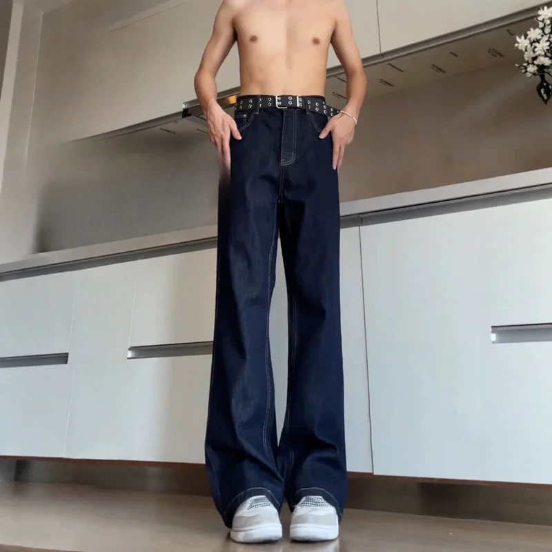 QICHE Men Autumn American Vintage Denim Jeans Clean Fit Wide Leg Straight Curved Micro Flare Casual Trousers