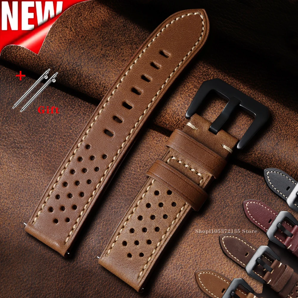 Vintage Cowhide Watch Strap 20mm 22mm Universal Smartwatch Leather Bracelet Quick Release Breathable for Men Women Wrist Band