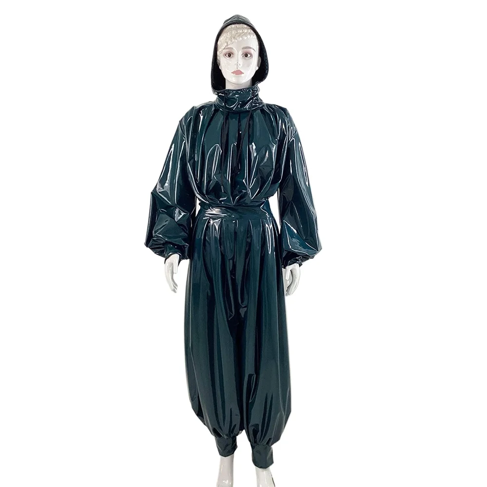 Wetlook Long Sleeve Pleat Loose Hooded Jumpsuit Mens Womens Shiny PVC Bloomers Rompers Halloween Party Cosplay Costume Zentai