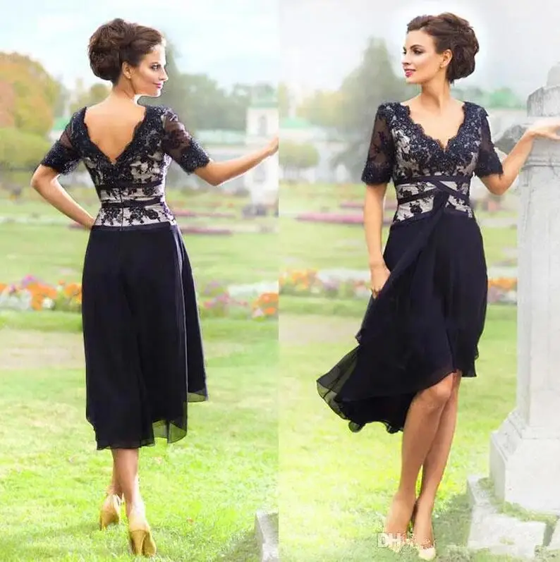 

Navy Blue Chiffon Lace Knee-length Mother Of the Bride Dresses Summer Beach Wedding Party Dress Half Sleeve Plus Size Cheap