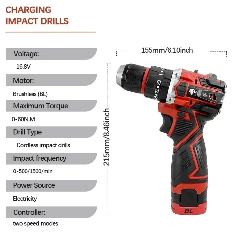 Cordless Drill 1500RPM Cordless Hand-Held Percussion Drill Brushless Multi-Purpose Lithium Electric Screwdriver Home Tool Set