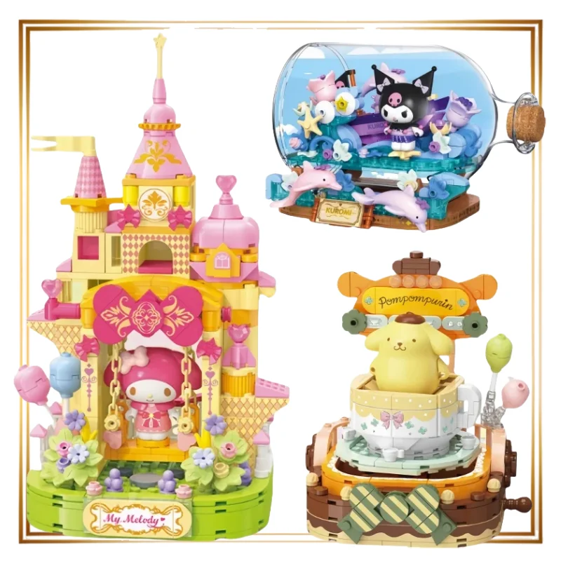

Sanrio Building Blocks Kuromi Cinnamoroll Pochacco My Melody Colorful Amusement Park Action Figure Assembly Model Toys Kids Gift