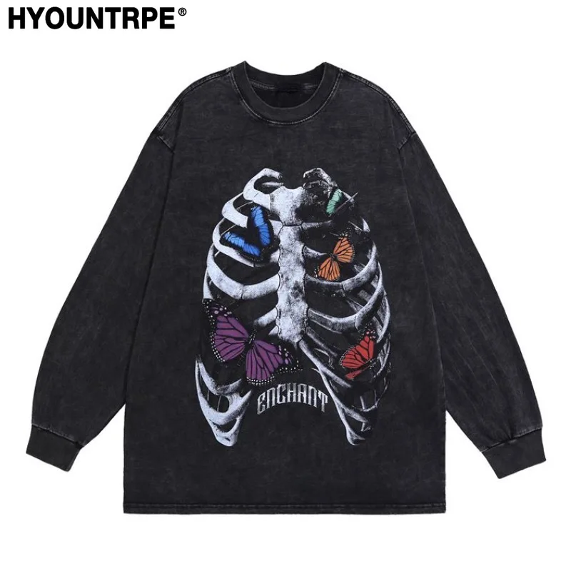 Harajuku Skeleton Printed Retro Distressed Washed T-shirt Men Hip Hop Oversized Tshirt Fashion Unisex Y2K Casual Cotton Tops Tee