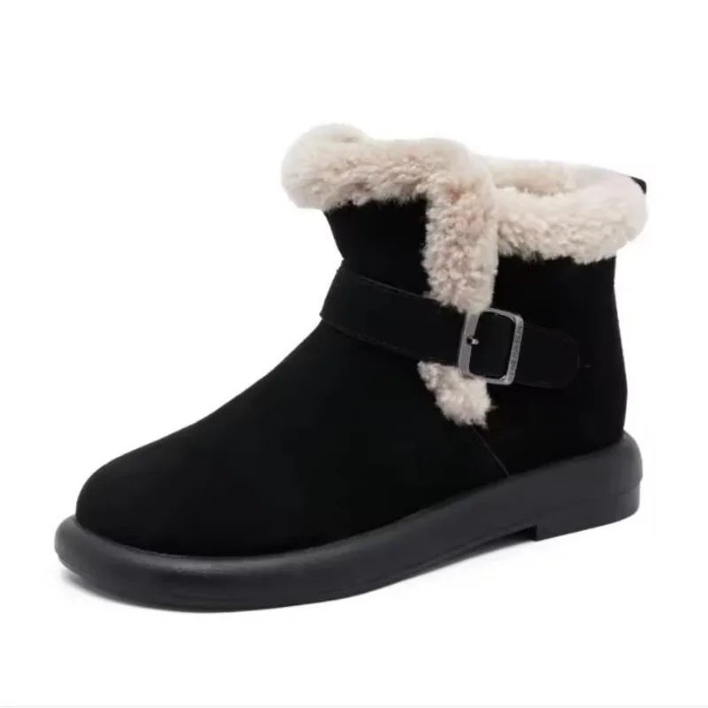 Winter Thickened Women's Snow Boots Real Leather Fleece Lined Fur Integrated Warm Cotton Shoes Short Booties Rubber Sole