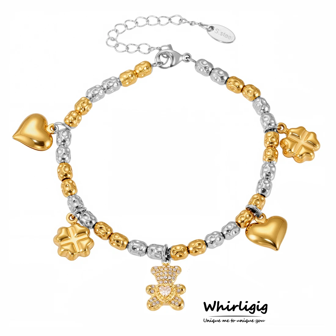 

Stylish Heart Bear Stainless Steel Bracelet For Women White Zircon Gold Plated Luxury Party Waterproof Jewelry Gift