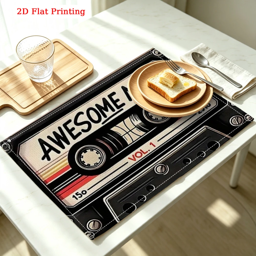 2Pcs Retro Cassette Tape Placemat Black Awesome Mix Vol 1 Table Mat Kitchen Dining Decor Non Slip Heat Resistant 30X40Cm