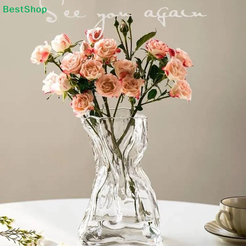 Clear Glass Flower Vase Irregular Crinkled Design Glossy For Table Decoration