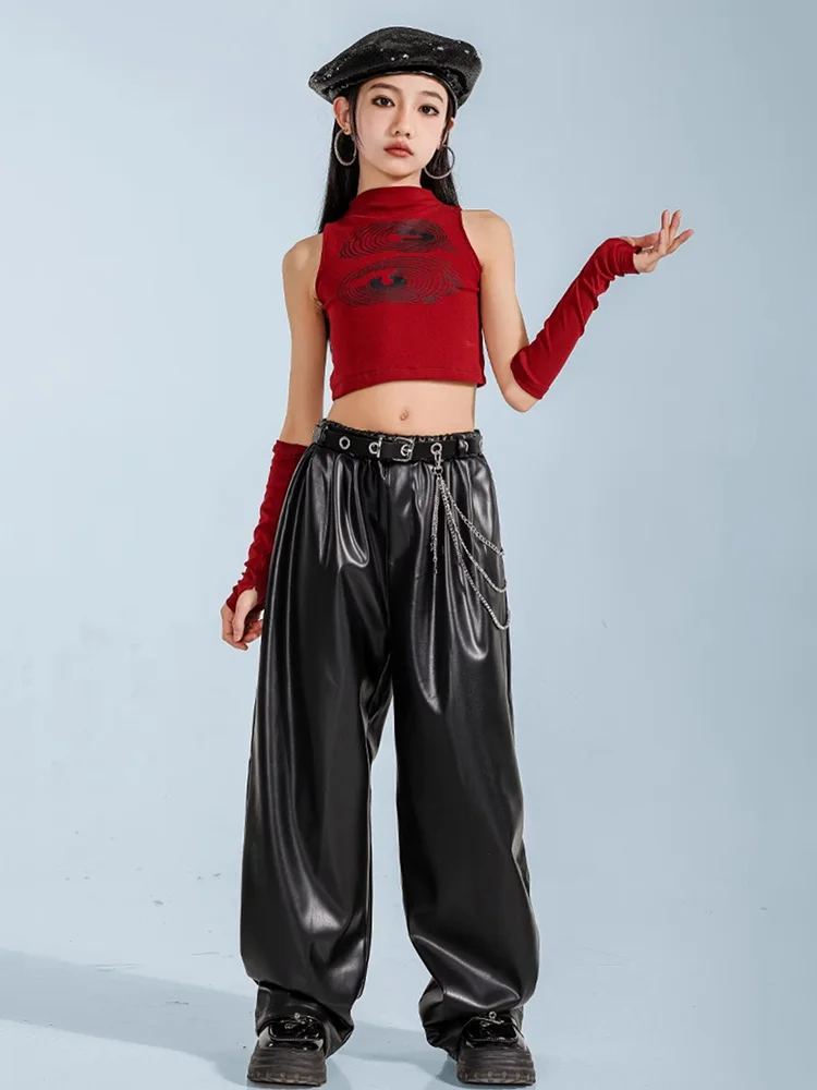 Girls Hip Hop  Dance Costume Summer Red Vest Black Leather Pants Kpop Performance Clothes Concert Kids Street Dance Wear BL15347