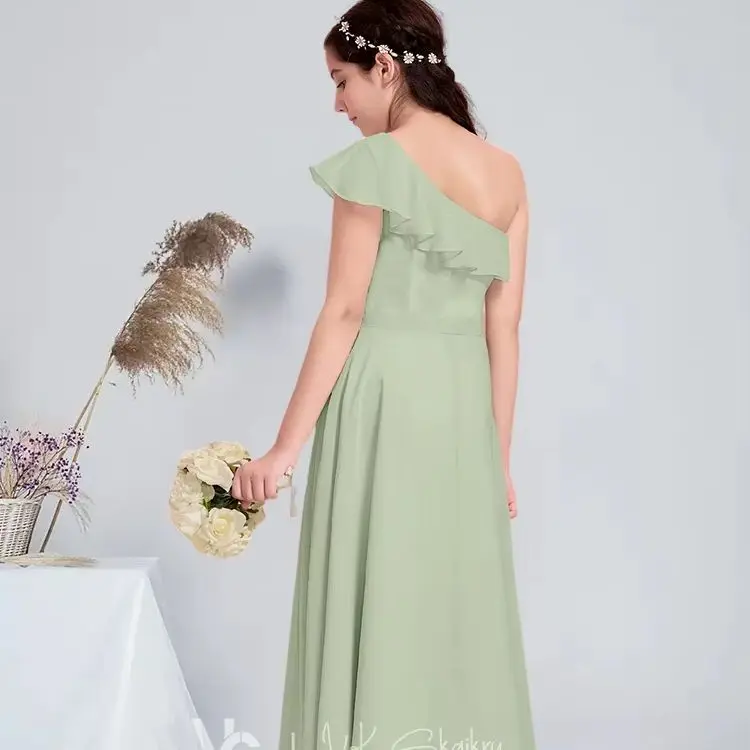 PSM Kids Child A-line One Shoulder Floor-Length Chiffon Junior Bridesmaid Dress With Cascading Ruffles Summer Flower Girl Dress​